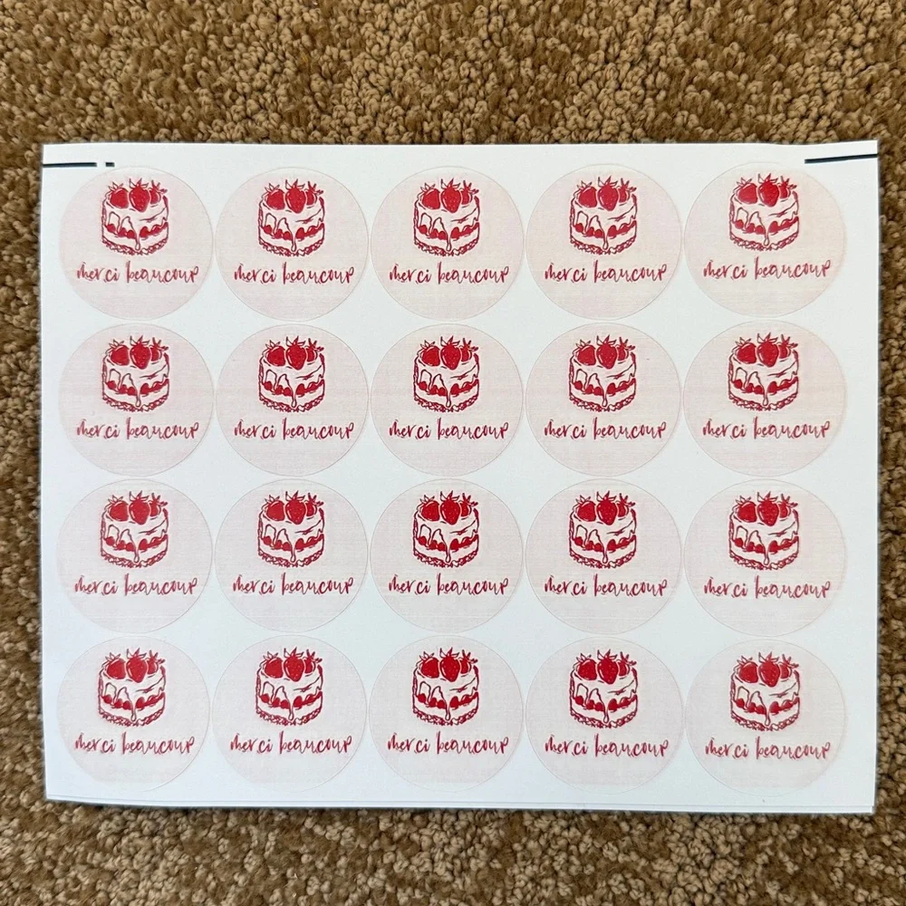 NEW {40 piece} Beautiful merci beaucoup cake thank you stickers. 2”
